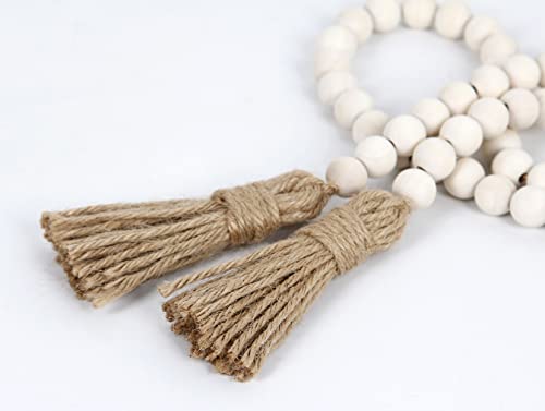 39-Inch Natural Wood Bead Garland with Jute Tassels, Boho Farmhouse Decor