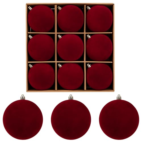 Briful 3.94 Inch Burgundy Velvet Christmas Ornaments Set - 9 Large Soft Matte Holiday Baubles for Tree & Decor