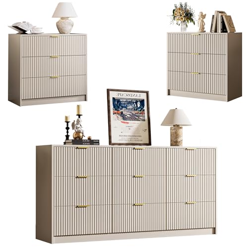 3-Piece Bedroom Dresser & Nightstand Set, 9-Drawer Chest with Gold Handles