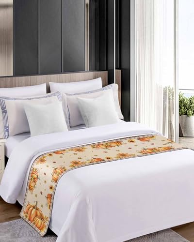Fall Pumpkin Bed Runner Scarf for King Bed, Satin Bedding Throw (102x20 In)
