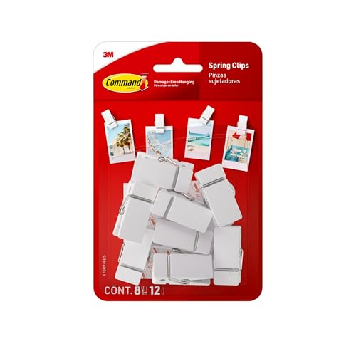 Command Spring Clips White Pack of 8 with 12 Adhesive Strips - Damage-Free Hanging for Photos & Notes