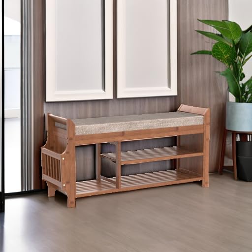 Bamboo Shoe Storage Bench with Hidden Drawer, Cushion, and Side Holder