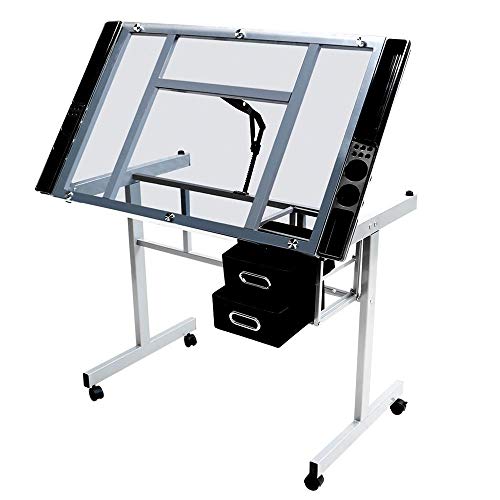 Adjustable Glass Drafting Table with Drawers and Wheels, Art Craft Desk