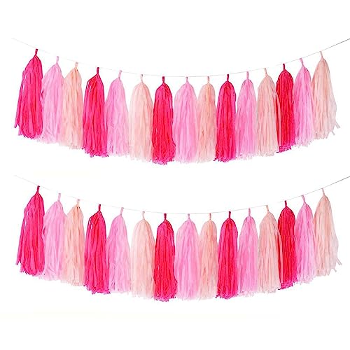 Pink Tissue Paper Tassel Garland Banner, 15-Piece DIY Party Decoration