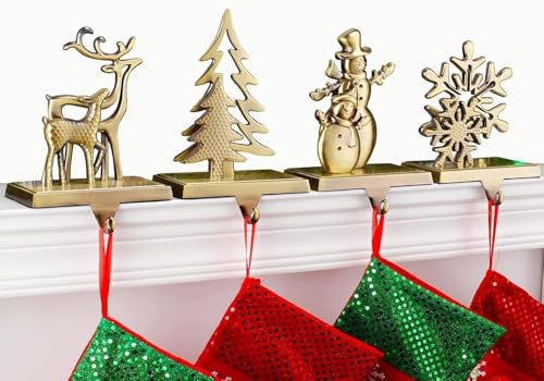 WAYTOSUC 4Pcs Bronze Velvet Double Stocking Holders for Mantle - Anti-Slip Xmas Hooks, 6.1" x 2.6" x 4.8"