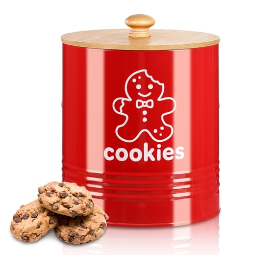 LEIFIDE Red Christmas Cookie Jar with Airtight Bamboo Lid 1.1 Gallon