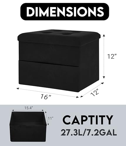 Small Velvet Storage Ottoman with Side Pocket, Foldable Footrest 16x12x12