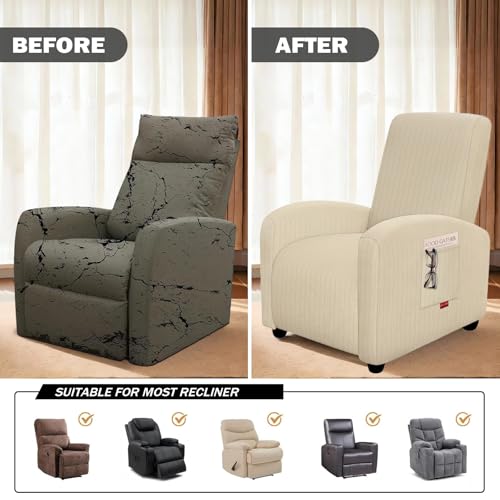 3-Piece Stretch Recliner Chair Covers for Small Recliners - Ivory Striped
