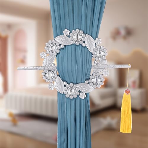 Crystal Floral Curtain Holdbacks with Tassels - Decorative Wall-Mounted Set