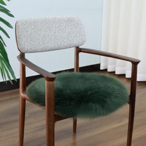 IRIWOOL Military Green Round Sheepskin Chair Cover 16.5" Soft Fur Seat Cushion