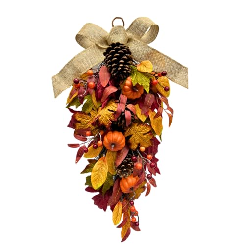 25-Inch Fall Teardrop Swag with Pumpkins, Pinecones and Burlap Bow