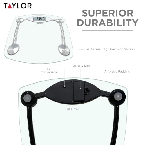 Taylor Stainless Steel & Clear Glass Digital Bathroom Scale 12.4x12.4 inches, Supports 400 lb