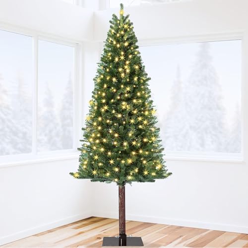 Garvee 7.5 ft Artificial Slim Christmas Tree with Warm White Lights & Metal Stand – Green, Easy Assembly, Holiday Decor for Home & Office