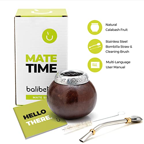 BALIBETOV Dark Brown 7oz Natural Handmade Yerba Mate Gourd Set with Bombilla & Brush
