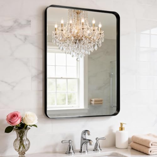 24x28 Inch Black Metal Frame Wall Mirror, Rectangular Bathroom Vanity Mirror