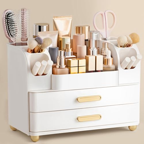 HBlife All White Large Makeup Organizer with Brush Holder & Drawers