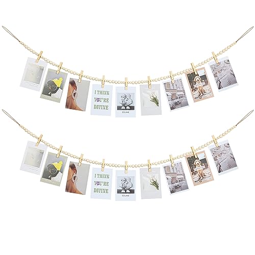 Boho Wood Bead Hanging Photo Display with 9 Clips, 55-inch Wall Decor