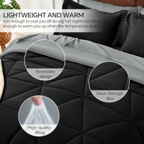 Queen Comforter Set 7-Piece - Reversible Black Bed in a Bag All Season