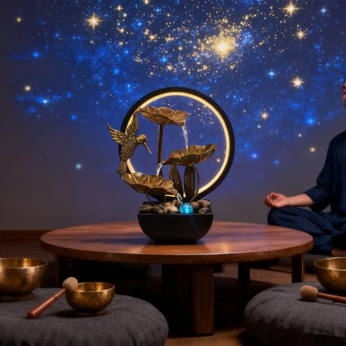 Tabletop Indoor Water Fountain - Zen Bronze Lotus with LED & River Rocks