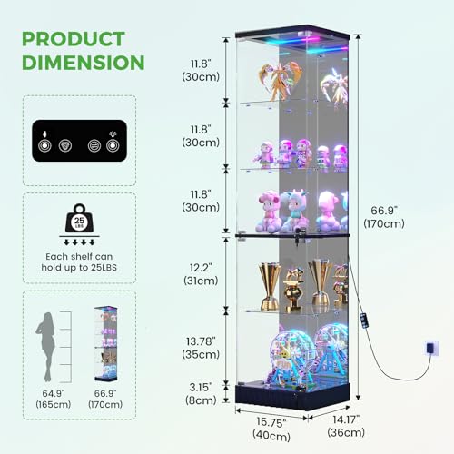 5-Tier Lockable Glass Display Cabinet with Motion Sensor LED Lights