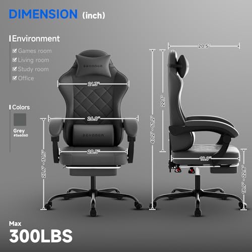 Ergonomic Gaming Chair with Footrest and Lumbar Support, Grey PU Leather