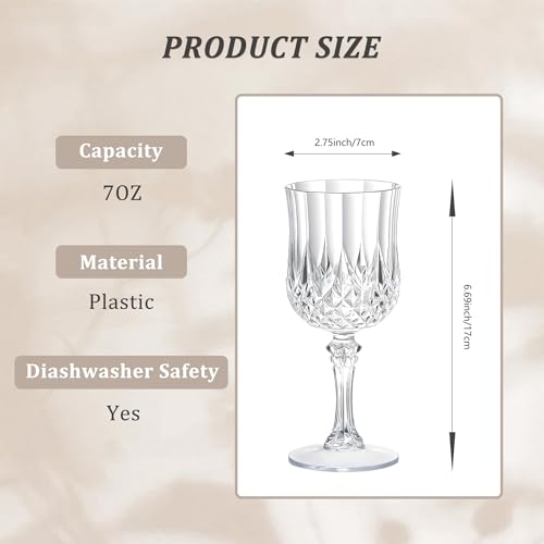 7oz Vintage Plastic Wine Glasses, Reusable Crystal Goblets - 24 Pack