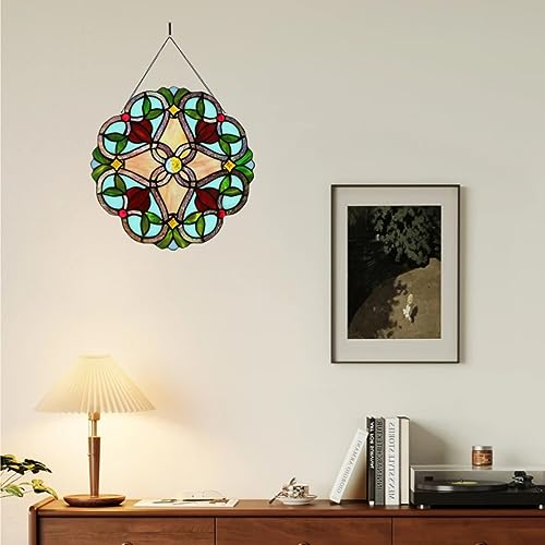 12-Inch Vintage Floral Stained Glass Round Panel Suncatcher