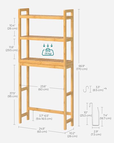 Bamboo 3-Tier Over-The-Toilet Bathroom Organizer with Adjustable Shelf