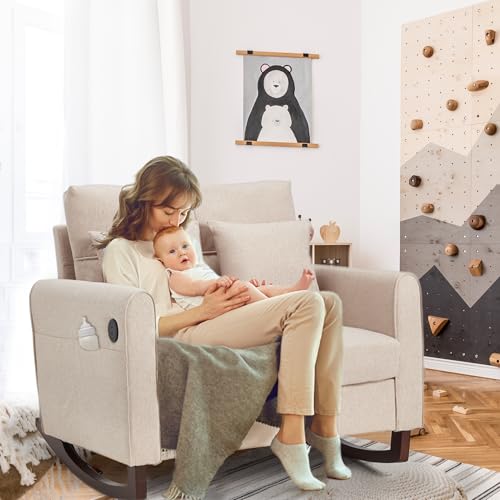 Oversized Upholstered Rocking Chair with USB Port and Side Pockets, Beige