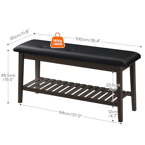2-Tier Bamboo Dining Bench with PU Leather Seat, 39-Inch Entryway Bench