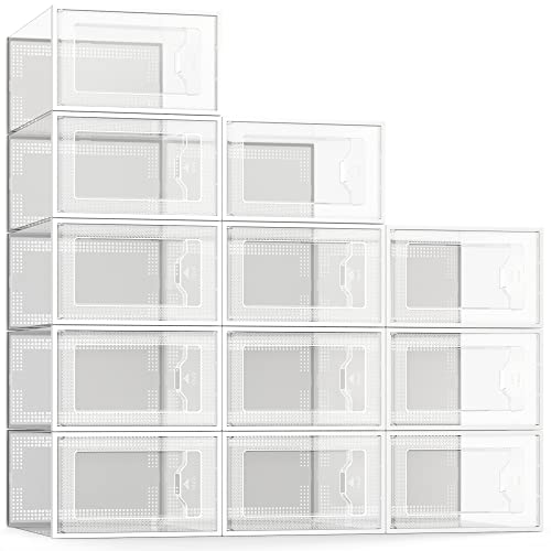 12-Pack Clear Plastic Stackable Shoe Storage Boxes, Foldable Closet Bins