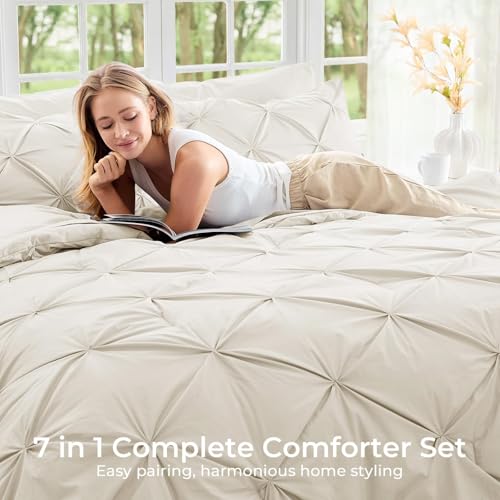 7-Piece Queen Comforter Set Bed in a Bag - Pintuck Bedding Set, Beige