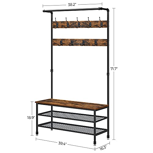 Industrial Hall Tree with Bench, 9 Hooks and 2 Shoe Storage Shelves