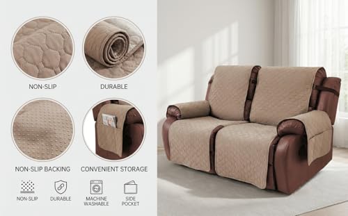 Waterproof Light Brown Loveseat Recliner Cover with Pockets