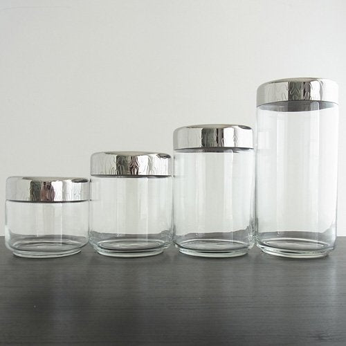 Alessi MW21/100 "Dressed" Glass Jar Hermetic Lid in 18/10 Stainless Steel Mirror Polished With Relief Decoration, Silver