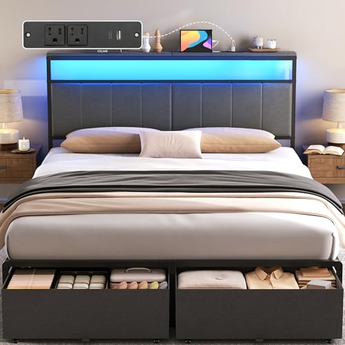 Queen Upholstered Platform Bed Frame with Storage Drawers & LED Headboard