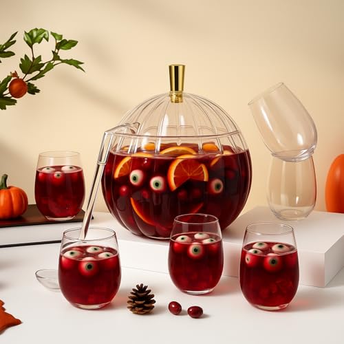 Pumpkin Punch Bowl Set with 6 Cups and Ladle, 1.3 Gallon Halloween Serving