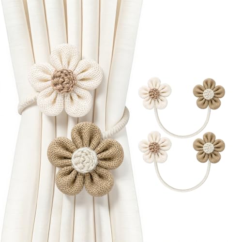 Boho Flower Curtain Tiebacks, Adjustable Linen Cotton Holdbacks - 2 Pack