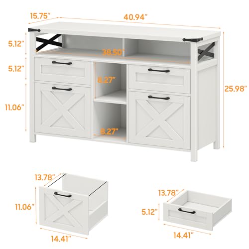 4-Drawer Farmhouse File Cabinet with Open Storage Shelf, White Office Organizer