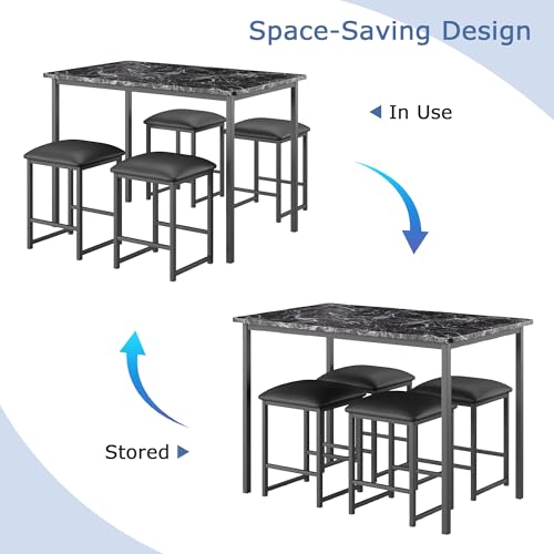 5-Piece Dining Table Set for 4, Marble Top Table with Faux Leather Stools