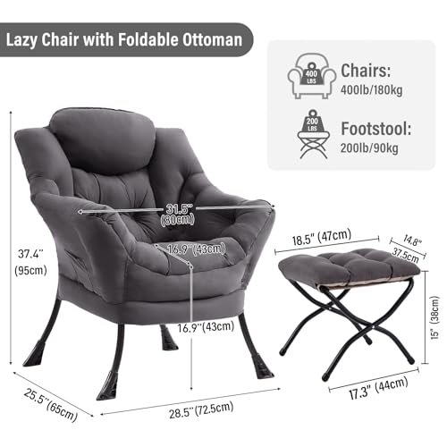 Modern Lazy Accent Chair with Ottoman and Folding Footrest, Dark Grey