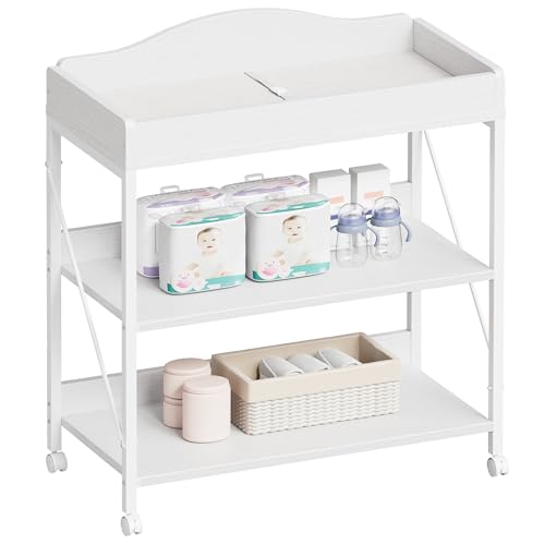 Mobile Baby Changing Table with Waterproof Pad and 2-Tier Storage Shelves