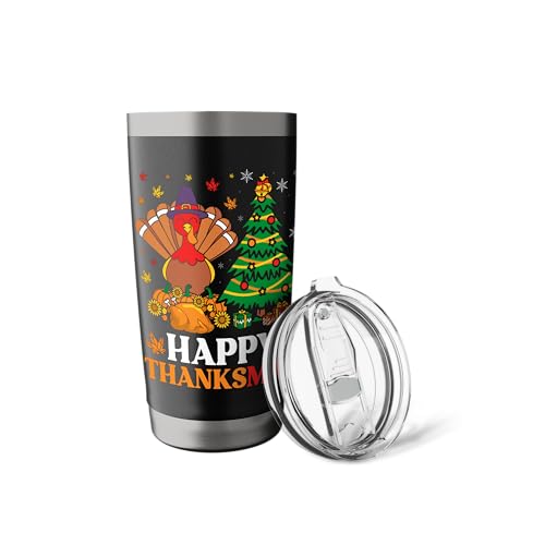 Happy Thanksmas Funny Turkey Stainless Steel Insulated Tumbler 20oz Black for Thanksgiving & Christmas