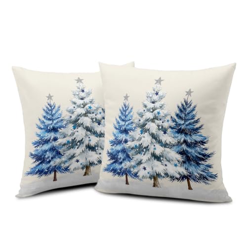 Blue Christmas Tree 18x18 Pillow Covers Set of 2 - Holiday Xmas Throw Pillow Cases