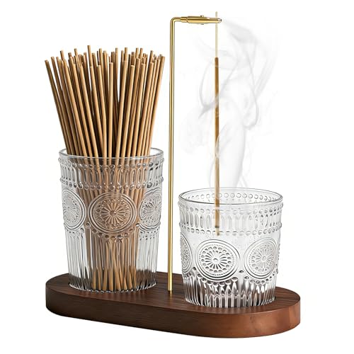 2-in-1 Vintage Glass Incense Burner with Wood Base - Upside Down Ash Catcher