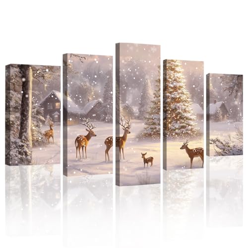 Christmas Canvas Wall Art 5 Piece Snow Deer & Tree Winter Scene Rustic Decor 8x14x2 8x18x2 8x22x1