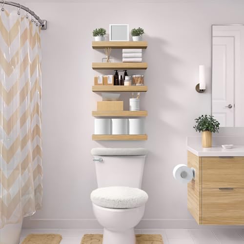 16-Inch Floating Wall Shelves with Invisible Brackets - Maple Wood, Set of 3