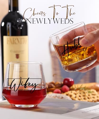 Wifey and Hubby Stemless Wine and Whiskey Glass Set for Couples