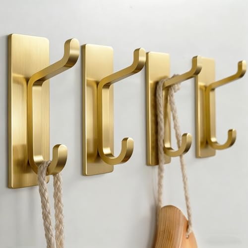 Brushed Gold Self-Adhesive Wall Hooks - Heavy Duty 12lb Towel & Coat Hooks