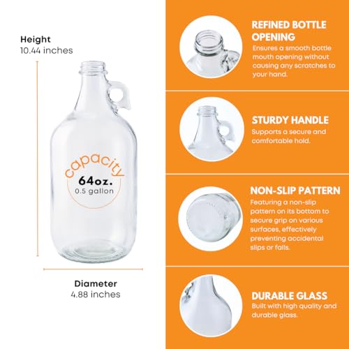 0.5 Gallon Glass Jugs with Polyseal Caps 2 Pack Clear Growlers